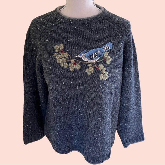 Woolrich Vintage Ramie Blend Embroidered Blue Jay Sweater LP - Picture 1 of 11